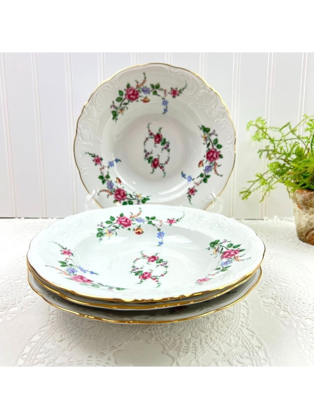 Vtg Wawel Poland Rose Garden Fine China Rimmed Soup Salad Bowls Set of 4 Gold 8"